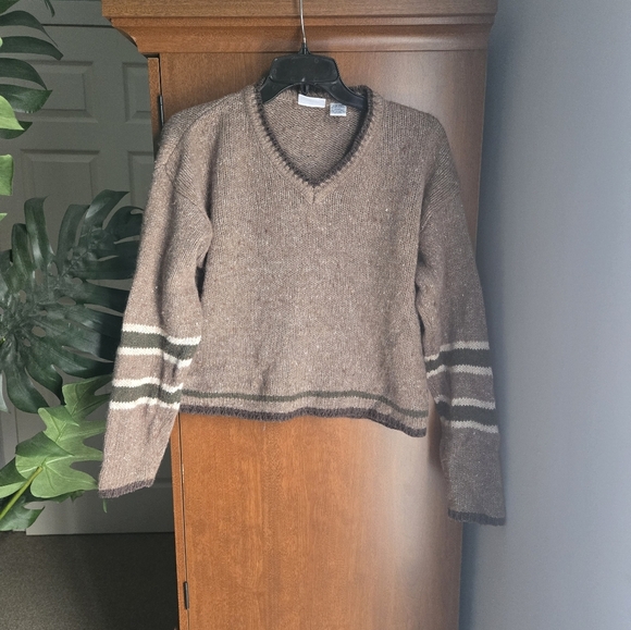 V-Neck Brown Sweater with Striped Sleeves - Picture 1 of 3